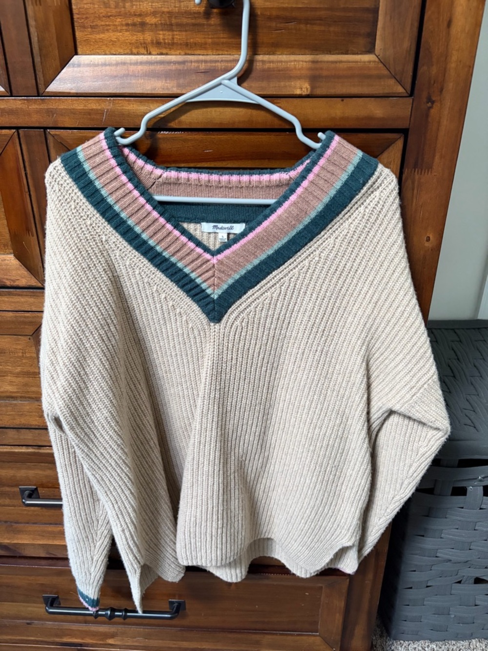 Madewell Beige V-Neck Sweater with Green and Pink Stripe Detail